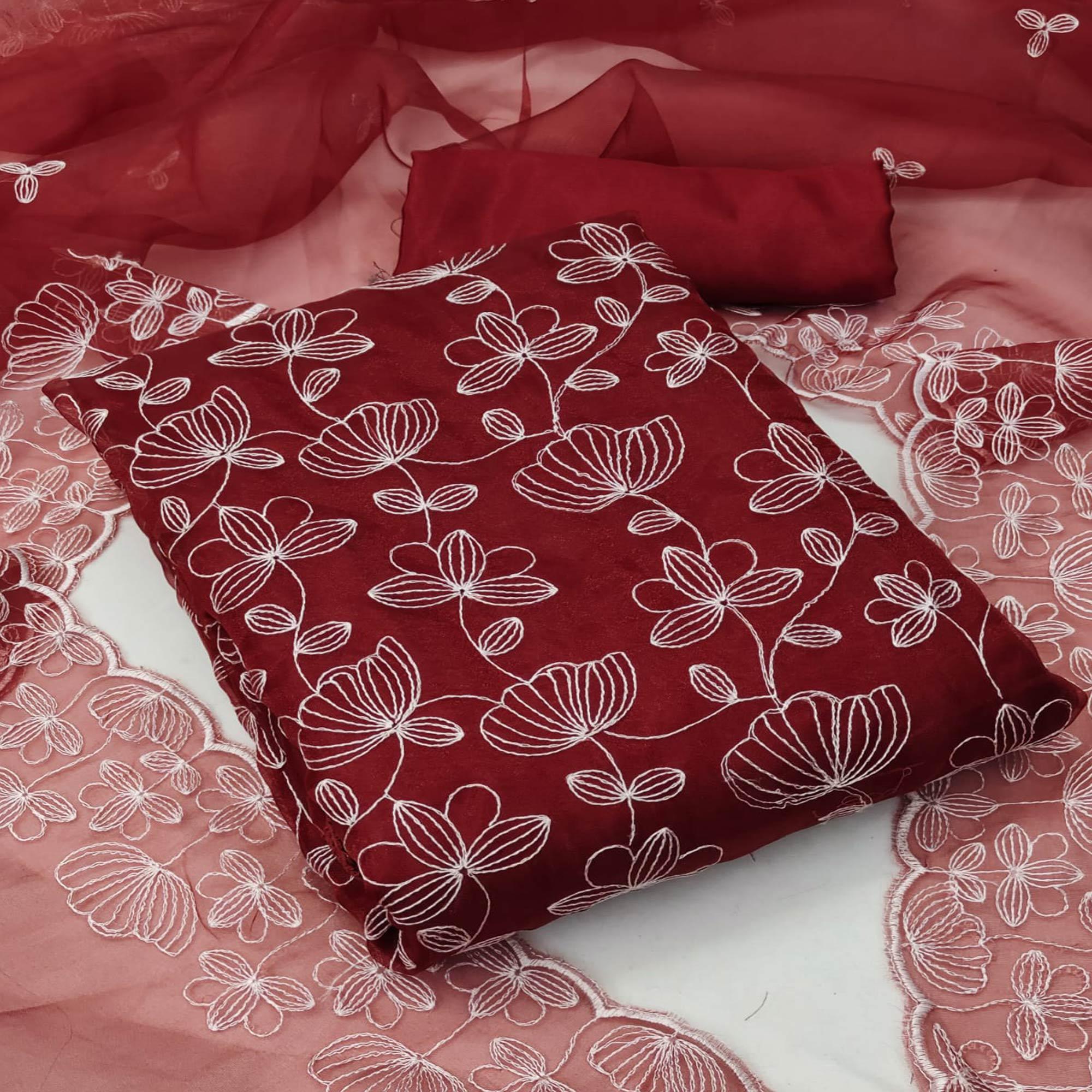 Maroon Floral Embroidered Organza Dress Material
