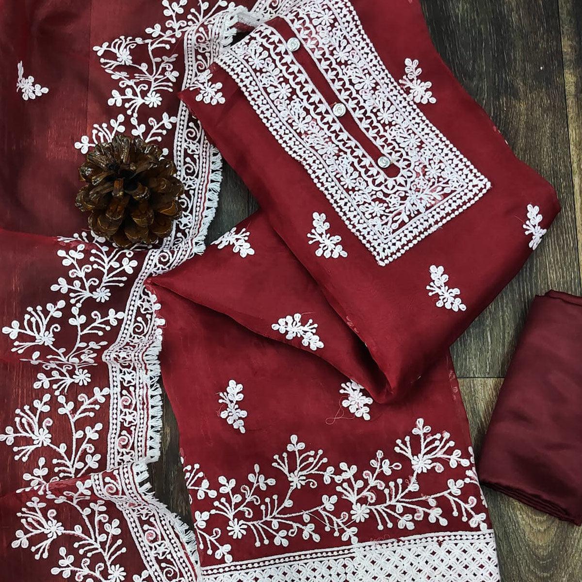 Maroon Floral Embroidered Organza Dress Material