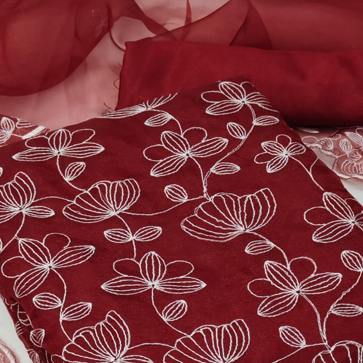 Maroon Floral Embroidered Organza Dress Material