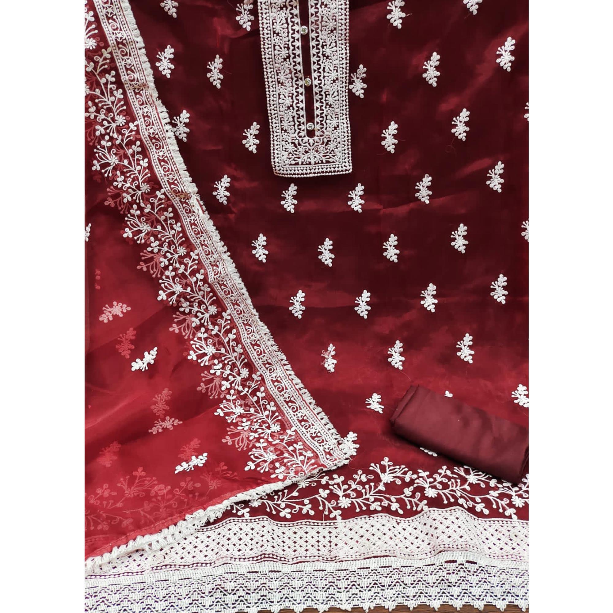 Maroon Floral Embroidered Organza Dress Material