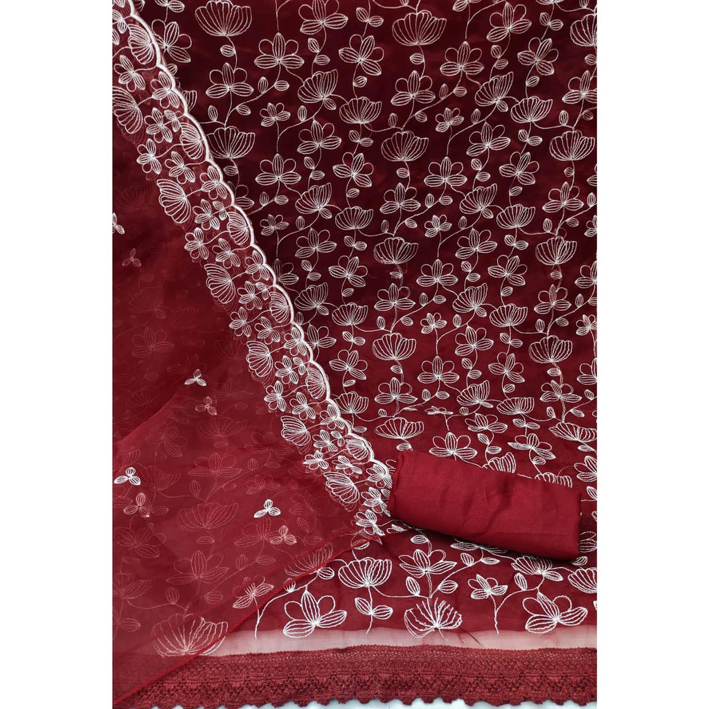 Maroon Floral Embroidered Organza Dress Material