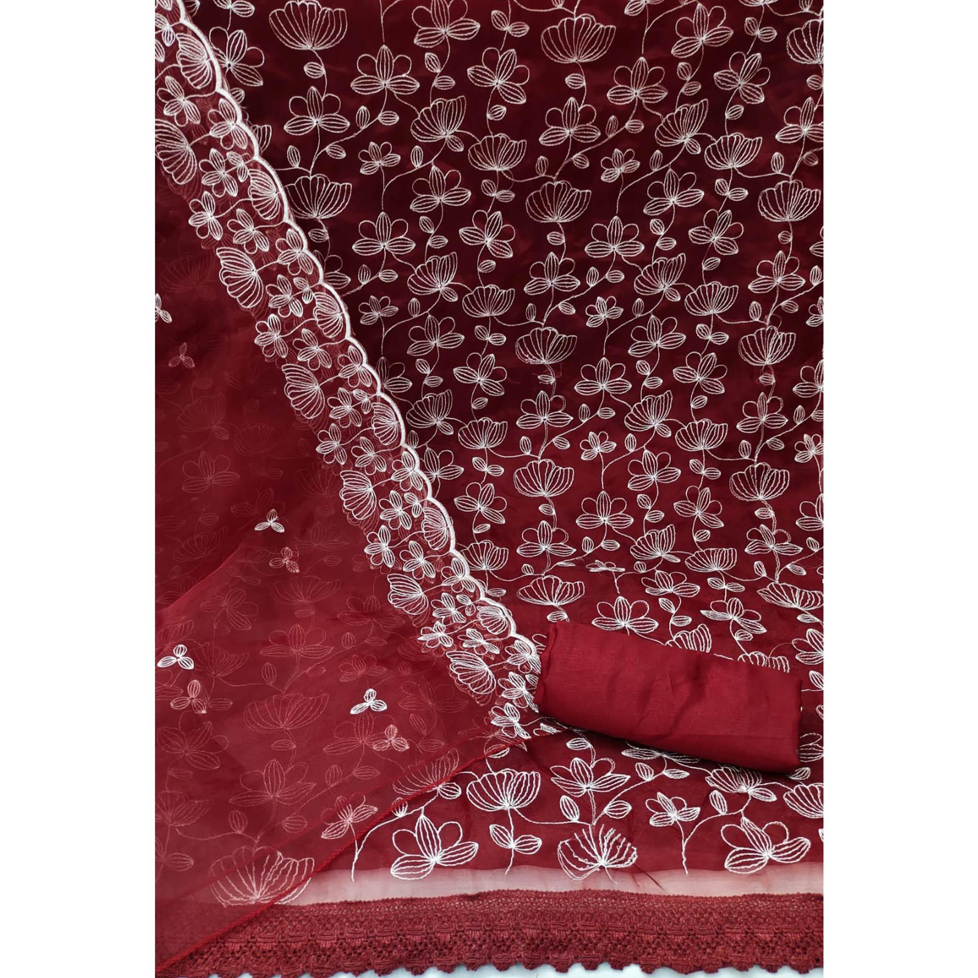 Maroon Floral Embroidered Organza Dress Material