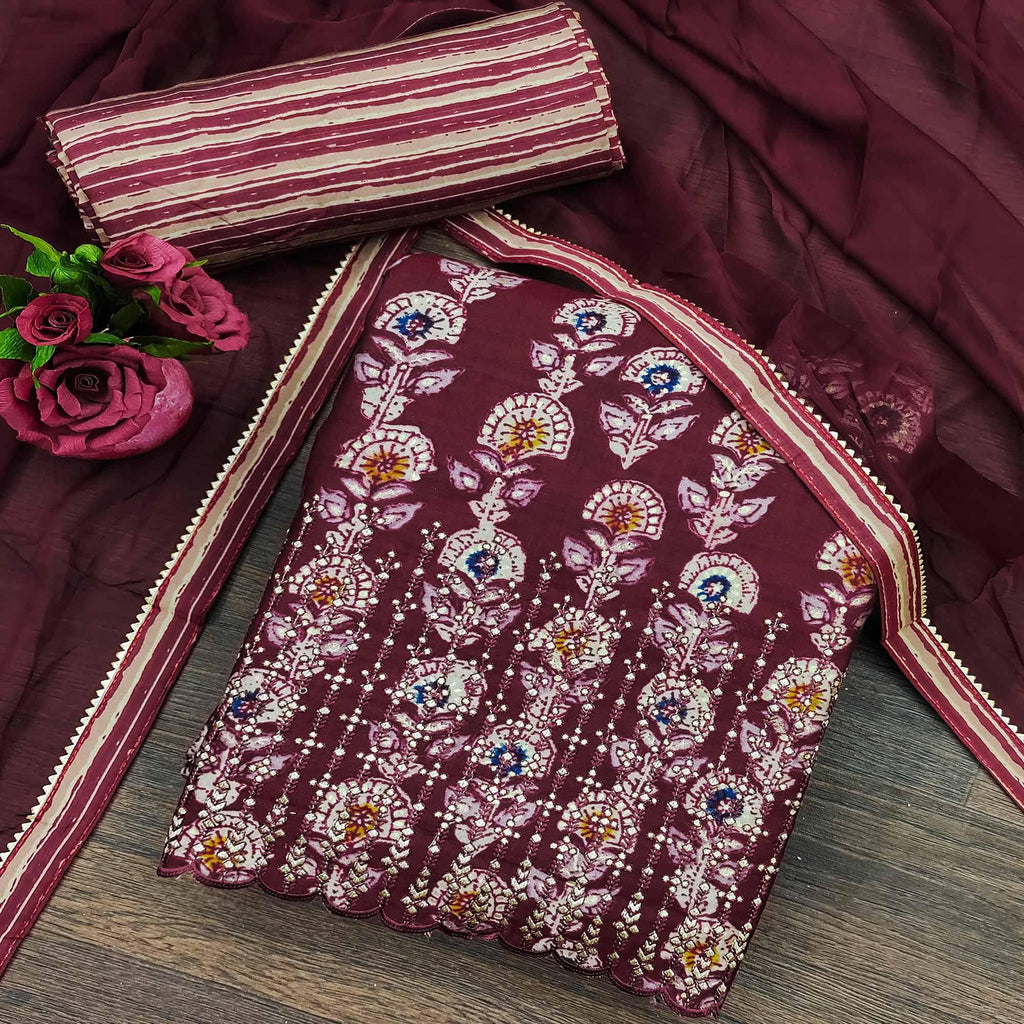 Maroon Floral Printed Pure Cotton Dress Material