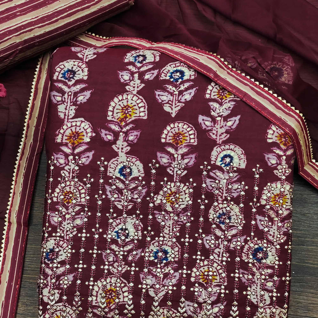 Maroon Floral Printed Pure Cotton Dress Material