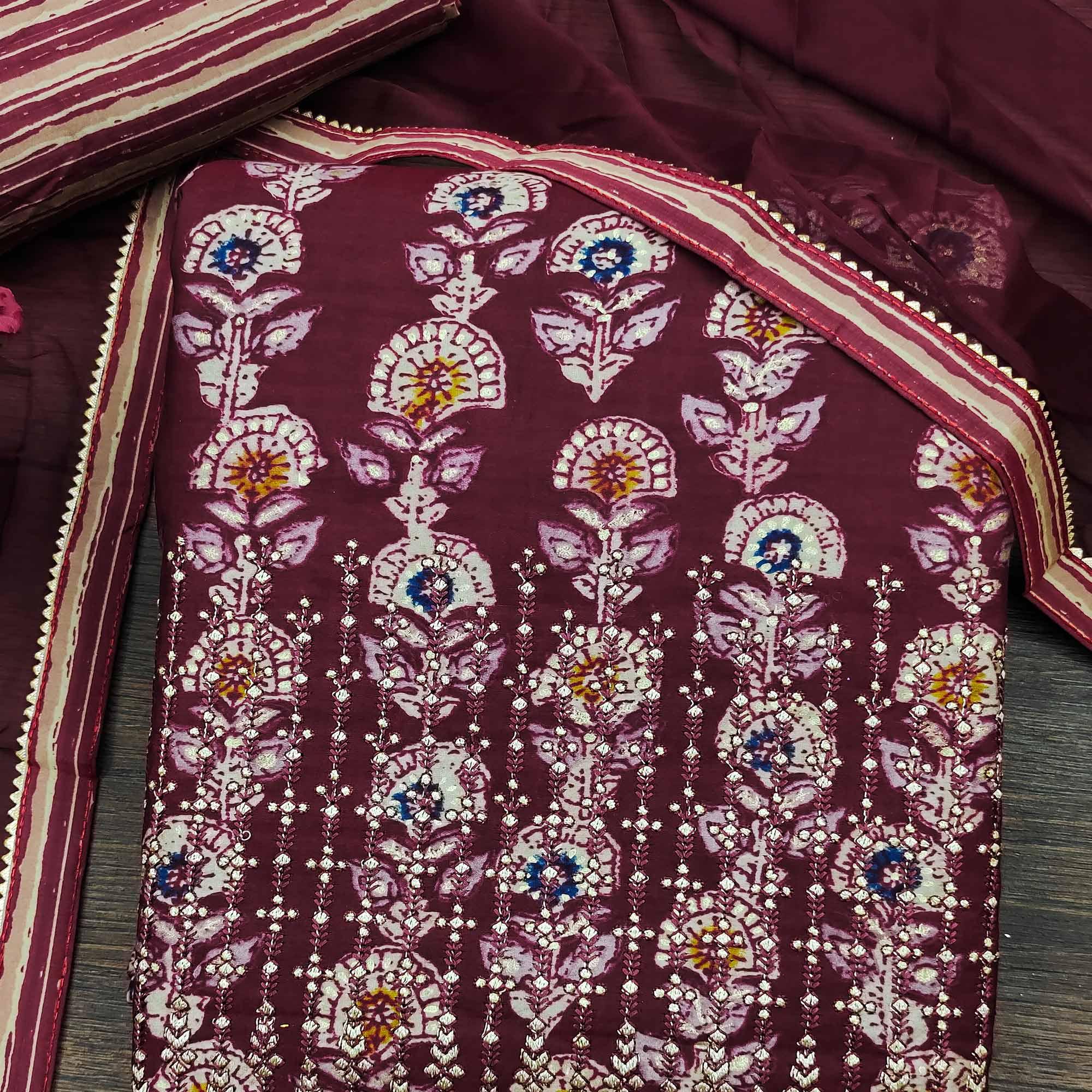 Maroon Floral Printed Pure Cotton Dress Material