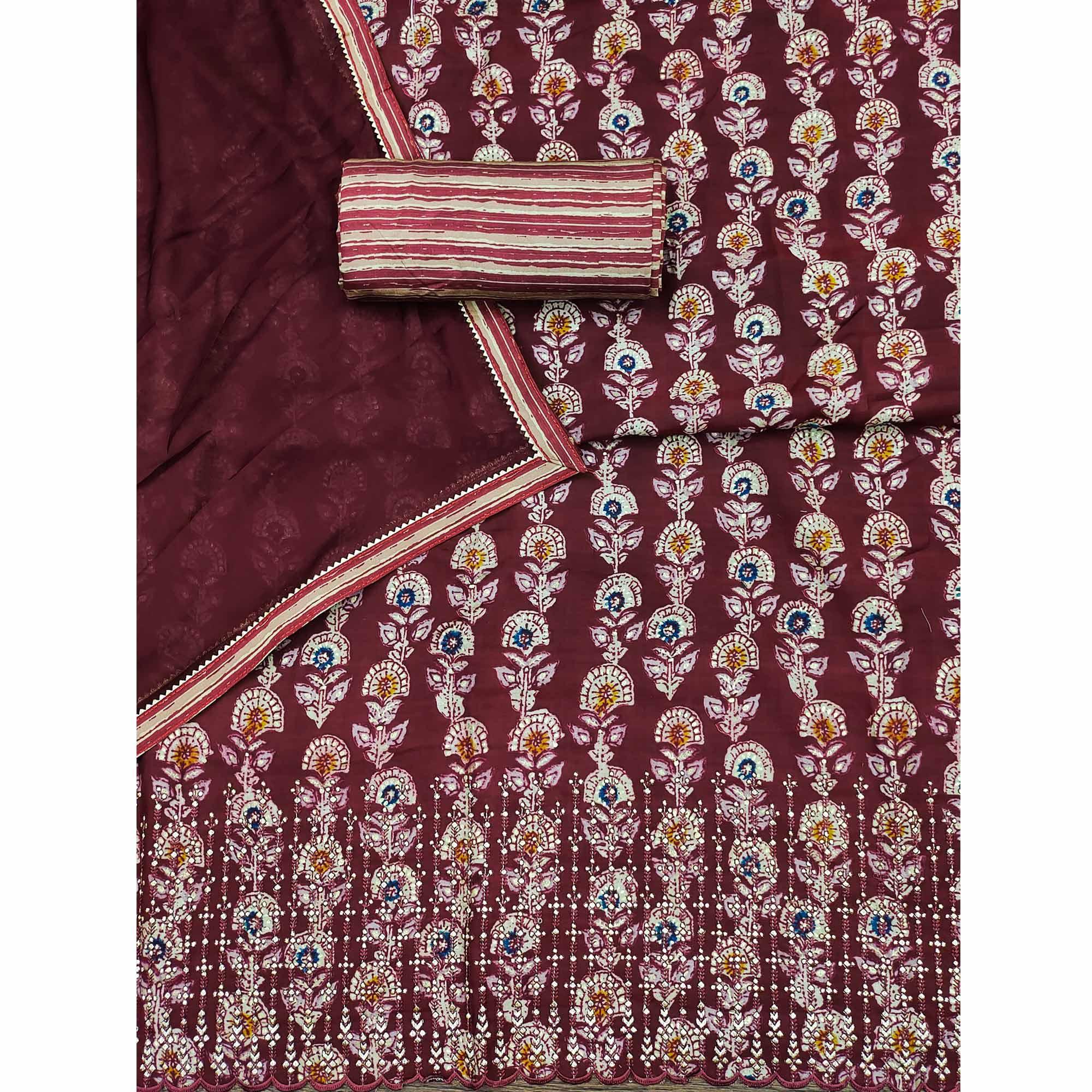 Maroon Floral Printed Pure Cotton Dress Material