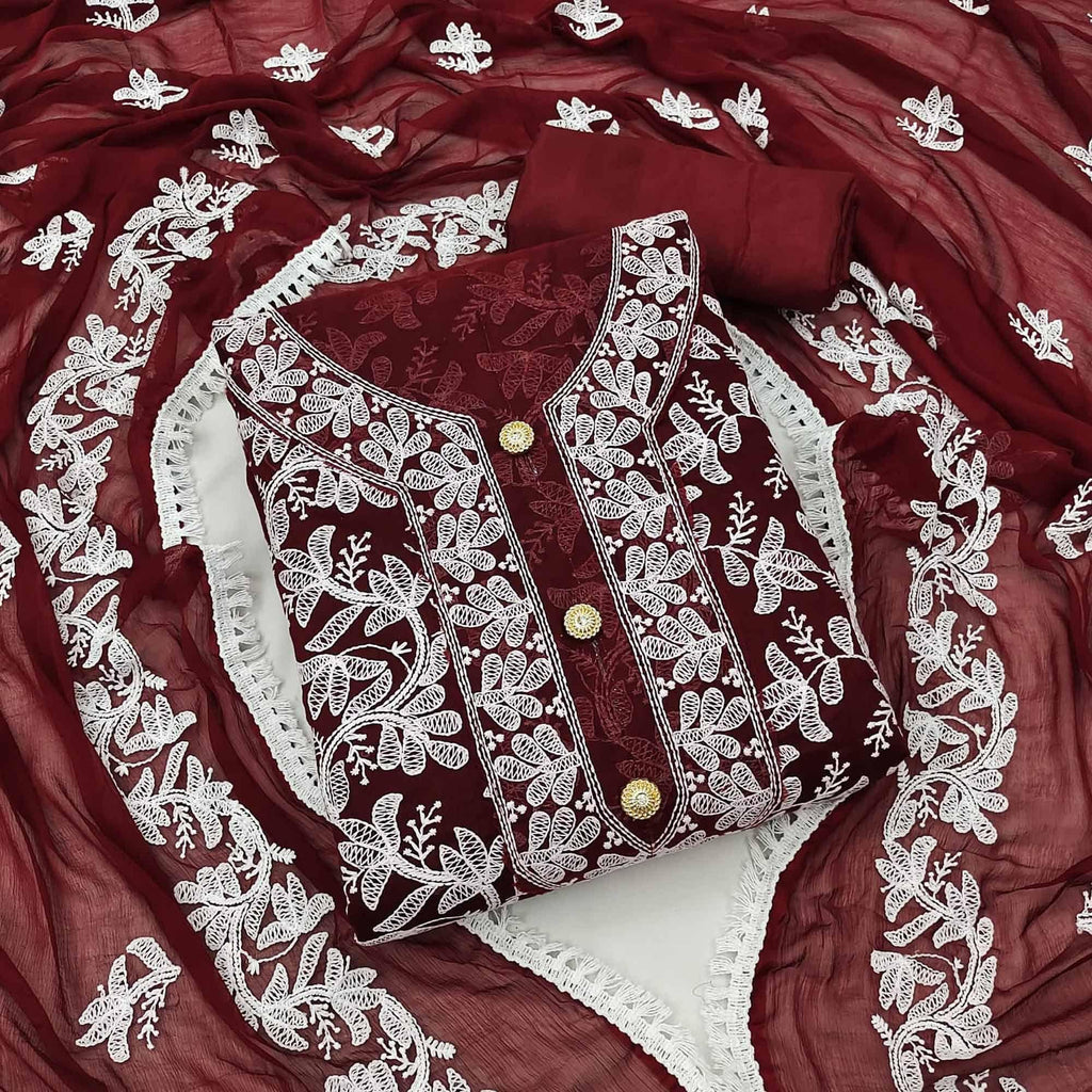 Maroon Lucknowi Embroidered Modal Dress Material