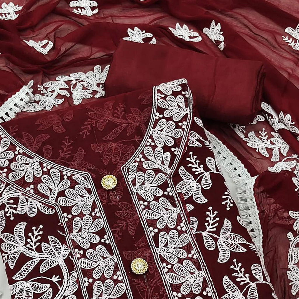 Maroon Lucknowi Embroidered Modal Dress Material