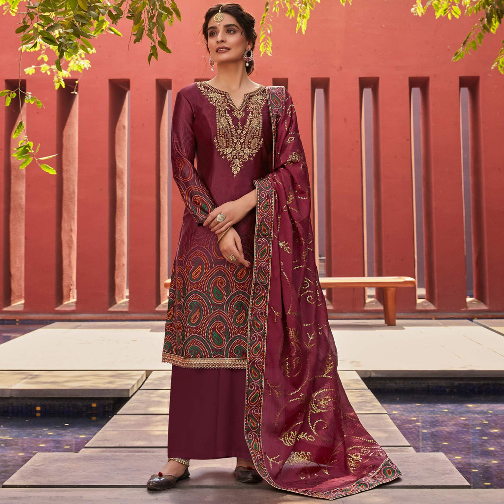 Maroon Party Wear Floral Embroidery With Digital Printed Jam Satin Suit