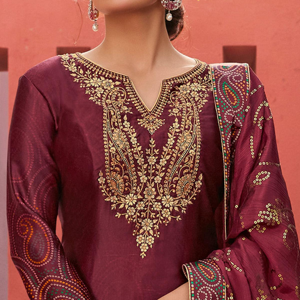 Maroon Party Wear Floral Embroidery With Digital Printed Jam Satin Suit