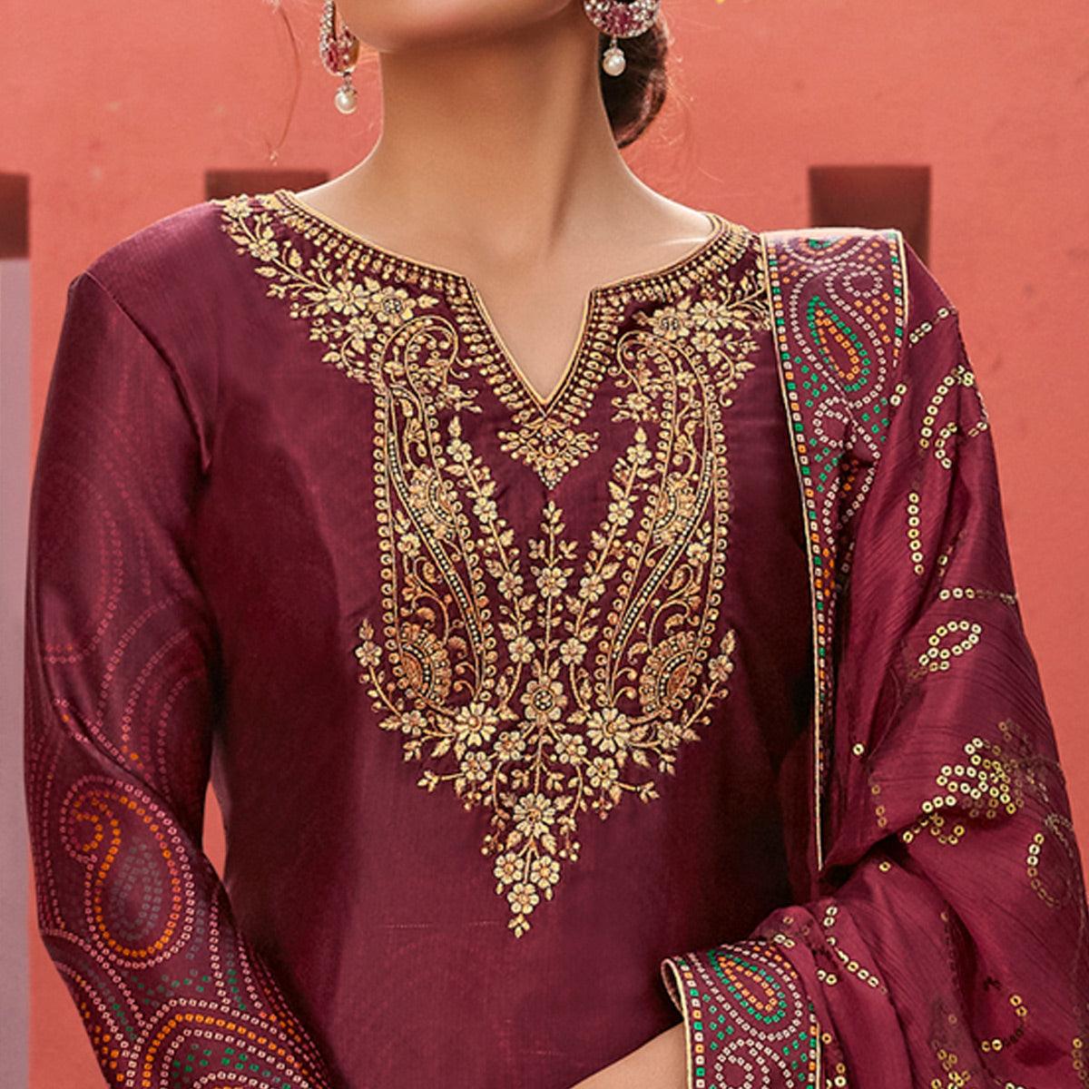 Maroon Party Wear Floral Embroidery With Digital Printed Jam Satin Suit