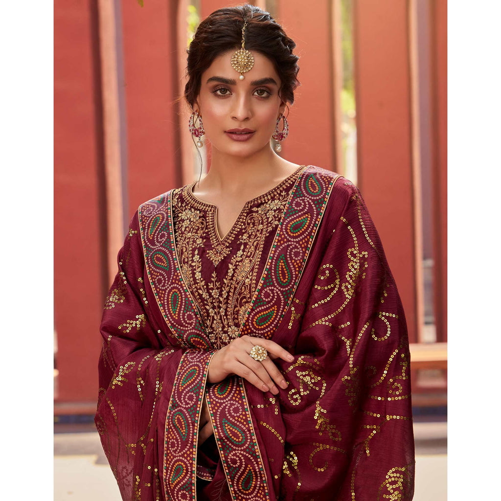 Maroon Party Wear Floral Embroidery With Digital Printed Jam Satin Suit