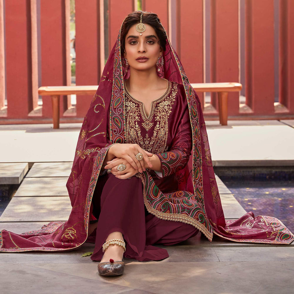 Maroon Party Wear Floral Embroidery With Digital Printed Jam Satin Suit