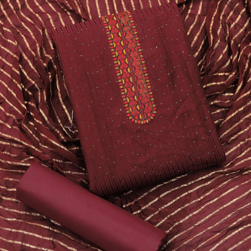 Maroon Sequins Embroidered Chanderi Dress Material