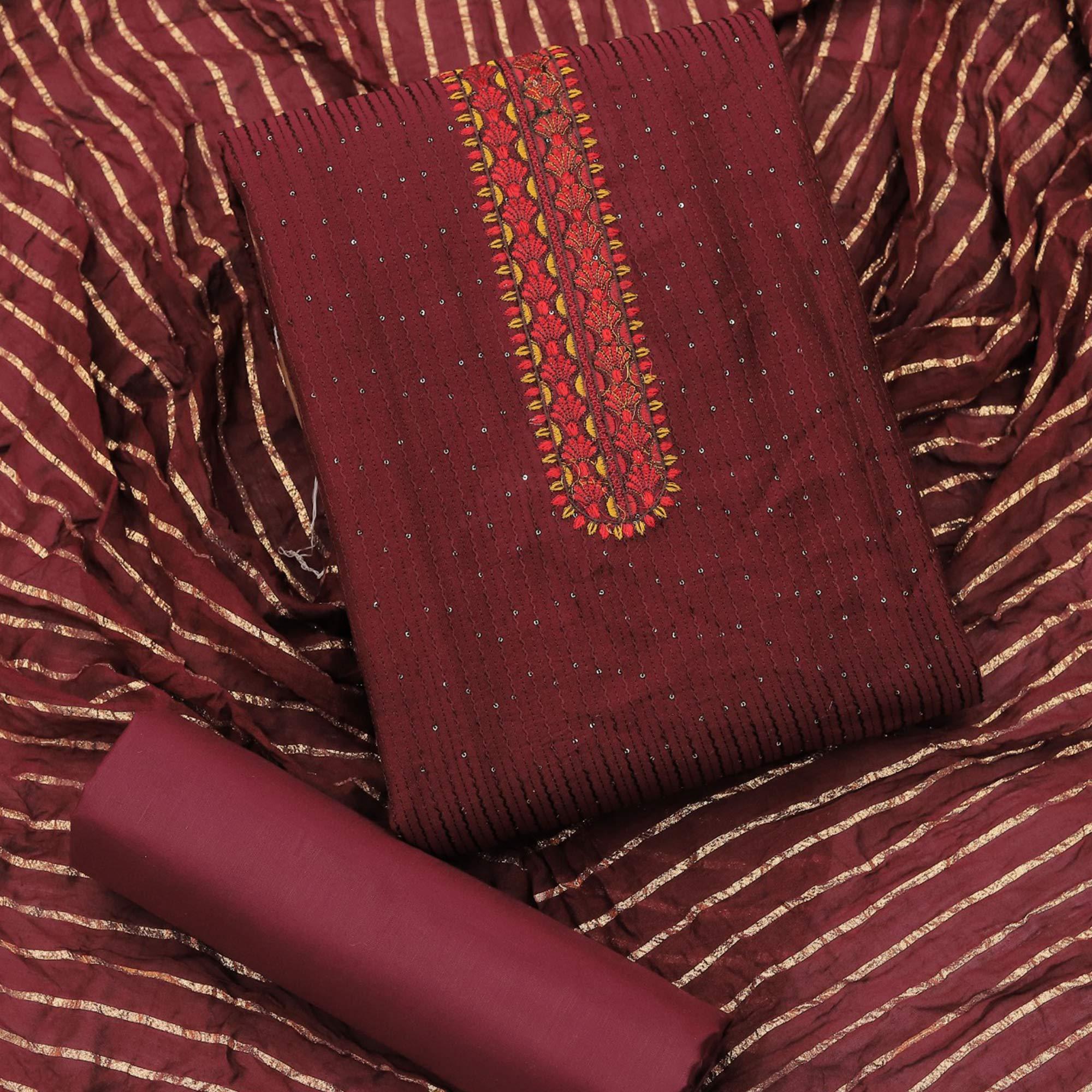 Maroon Sequins Embroidered Chanderi Dress Material