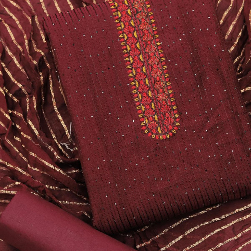 Maroon Sequins Embroidered Chanderi Dress Material