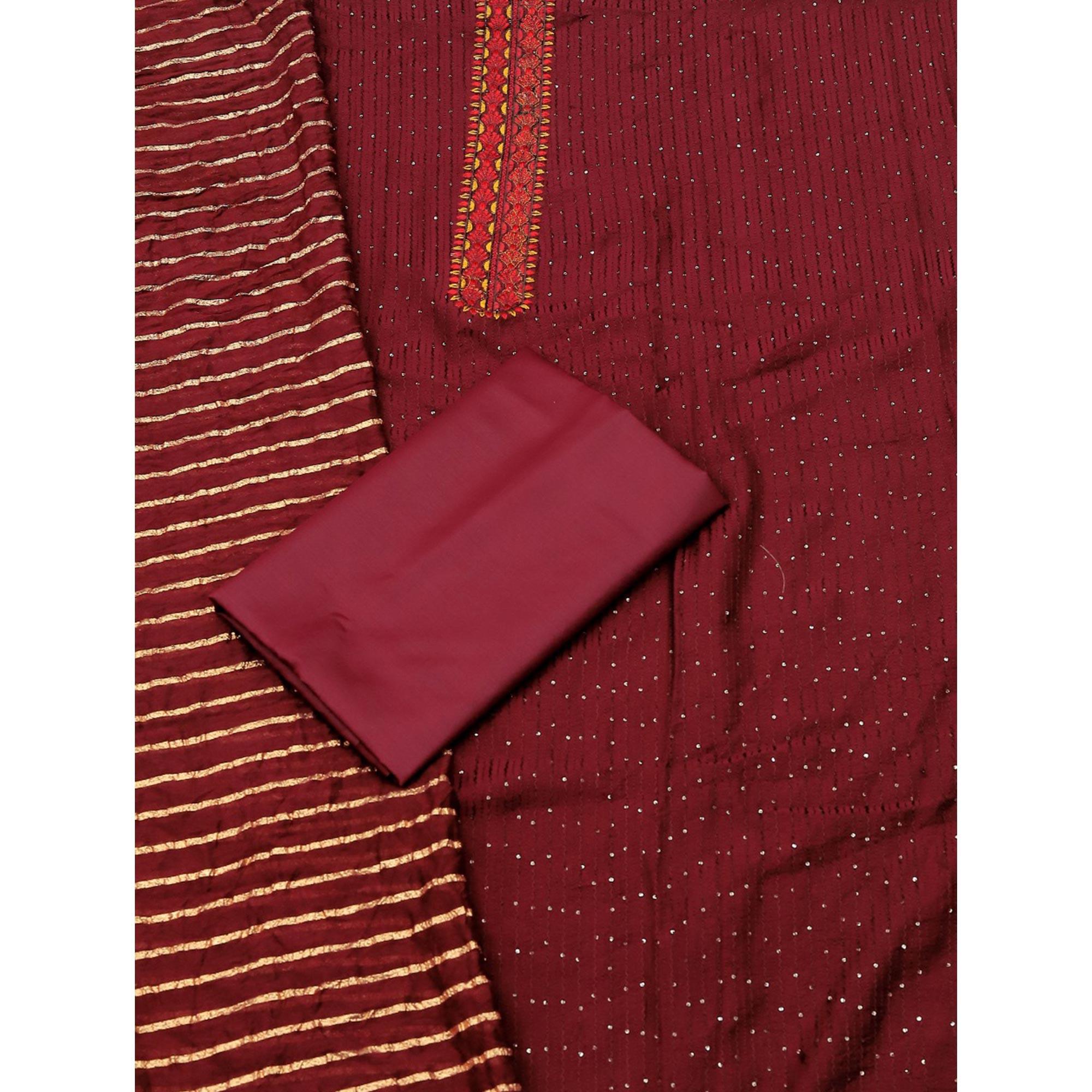 Maroon Sequins Embroidered Chanderi Dress Material