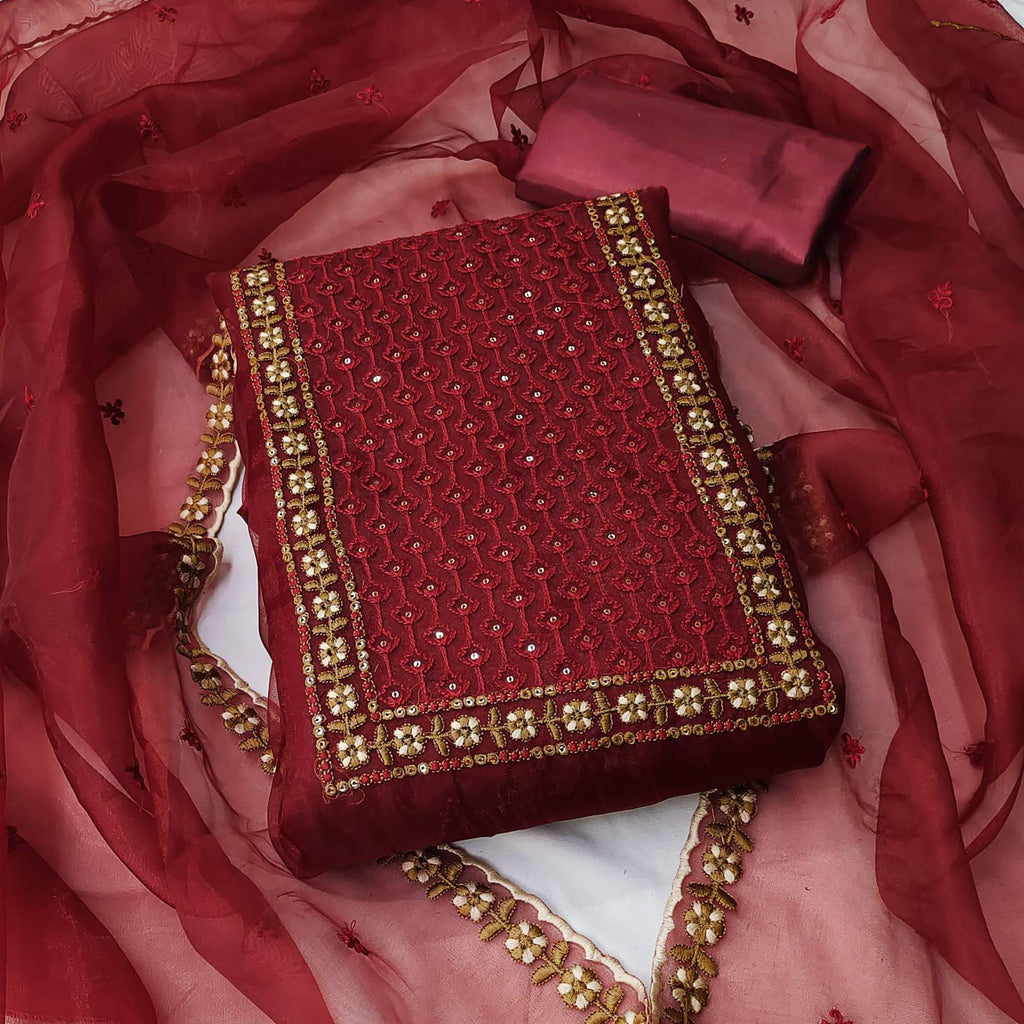 Maroon Sequins Embroidered Organza Dress Material
