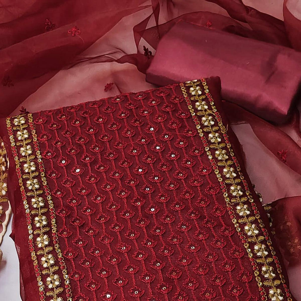 Maroon Sequins Embroidered Organza Dress Material