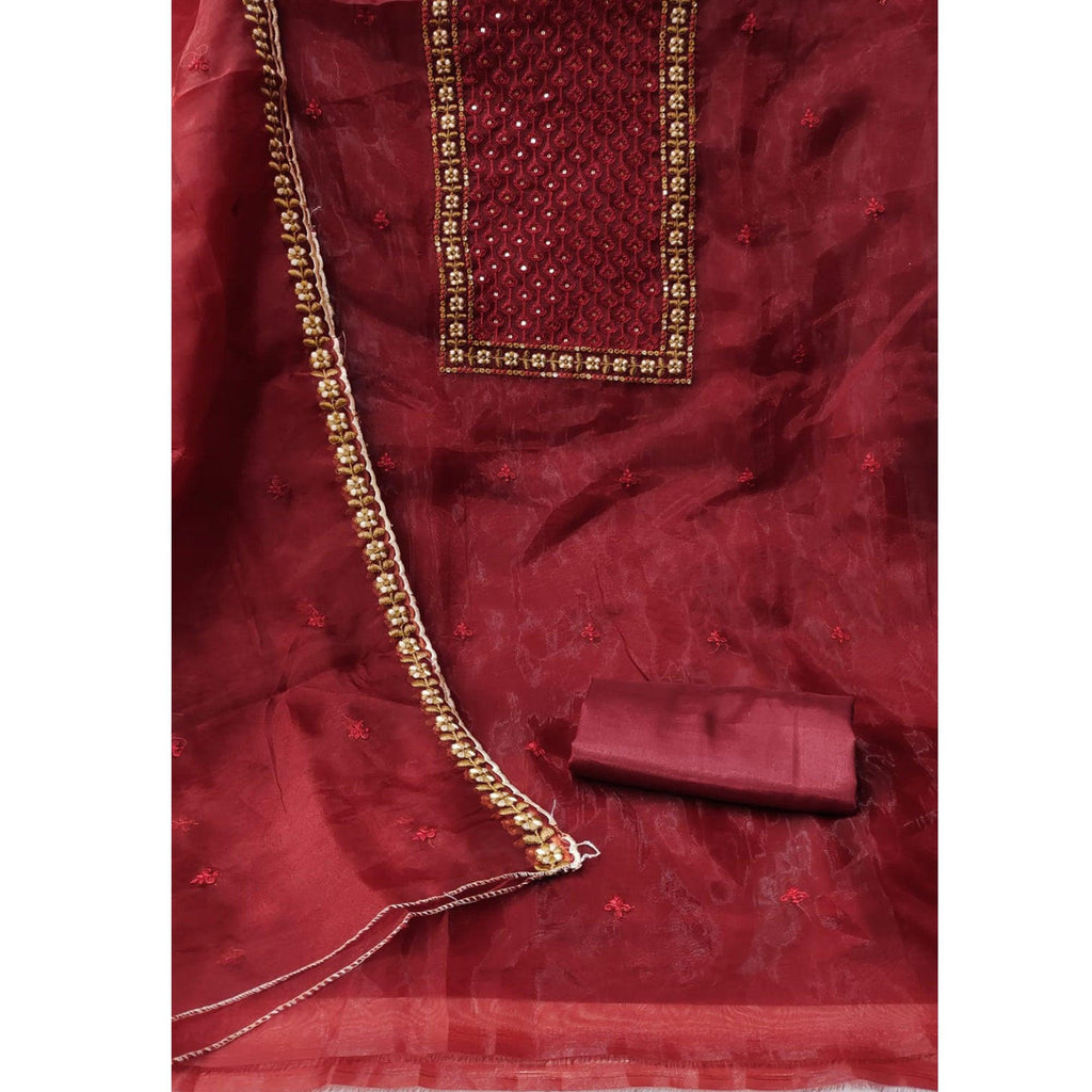Maroon Sequins Embroidered Organza Dress Material