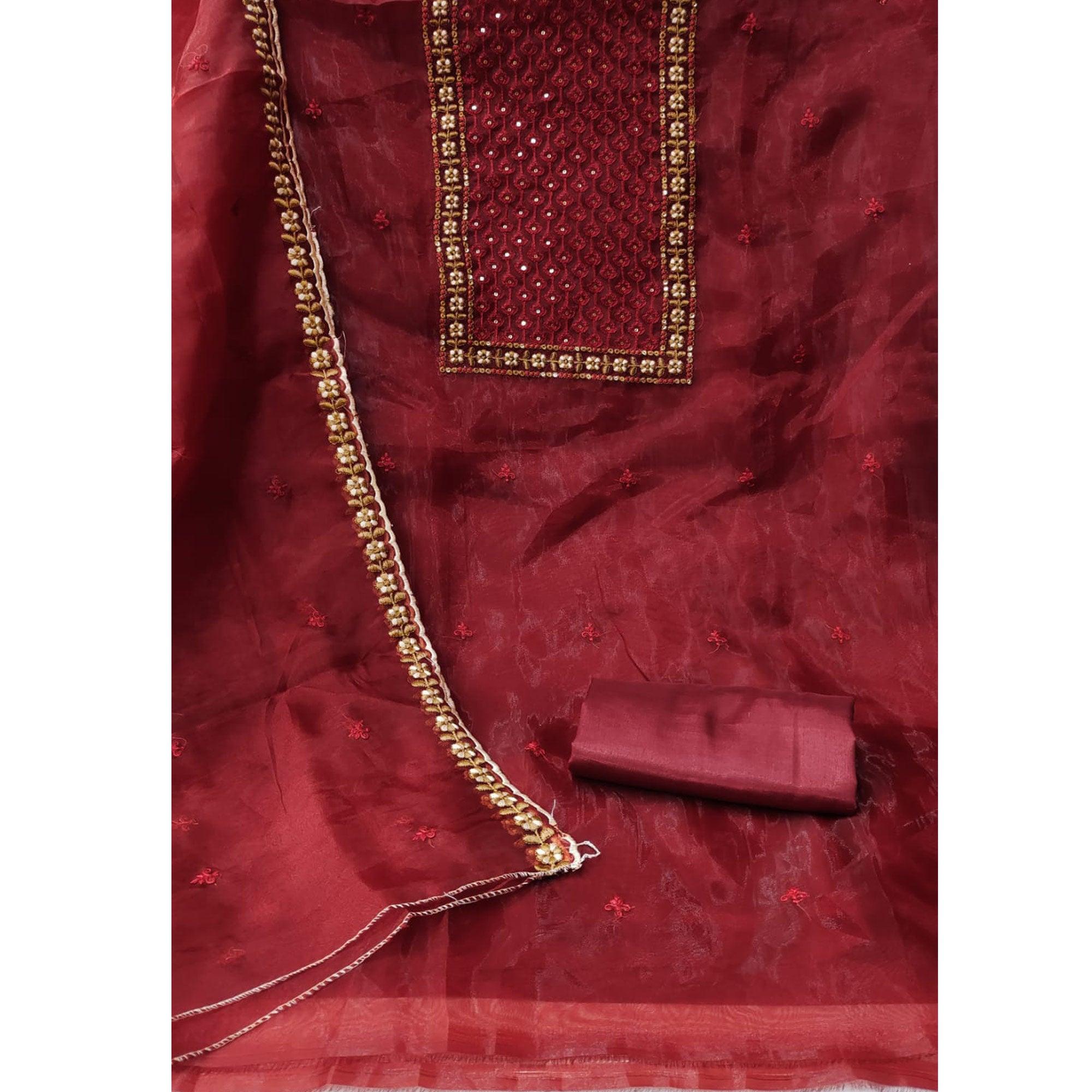 Maroon Sequins Embroidered Organza Dress Material