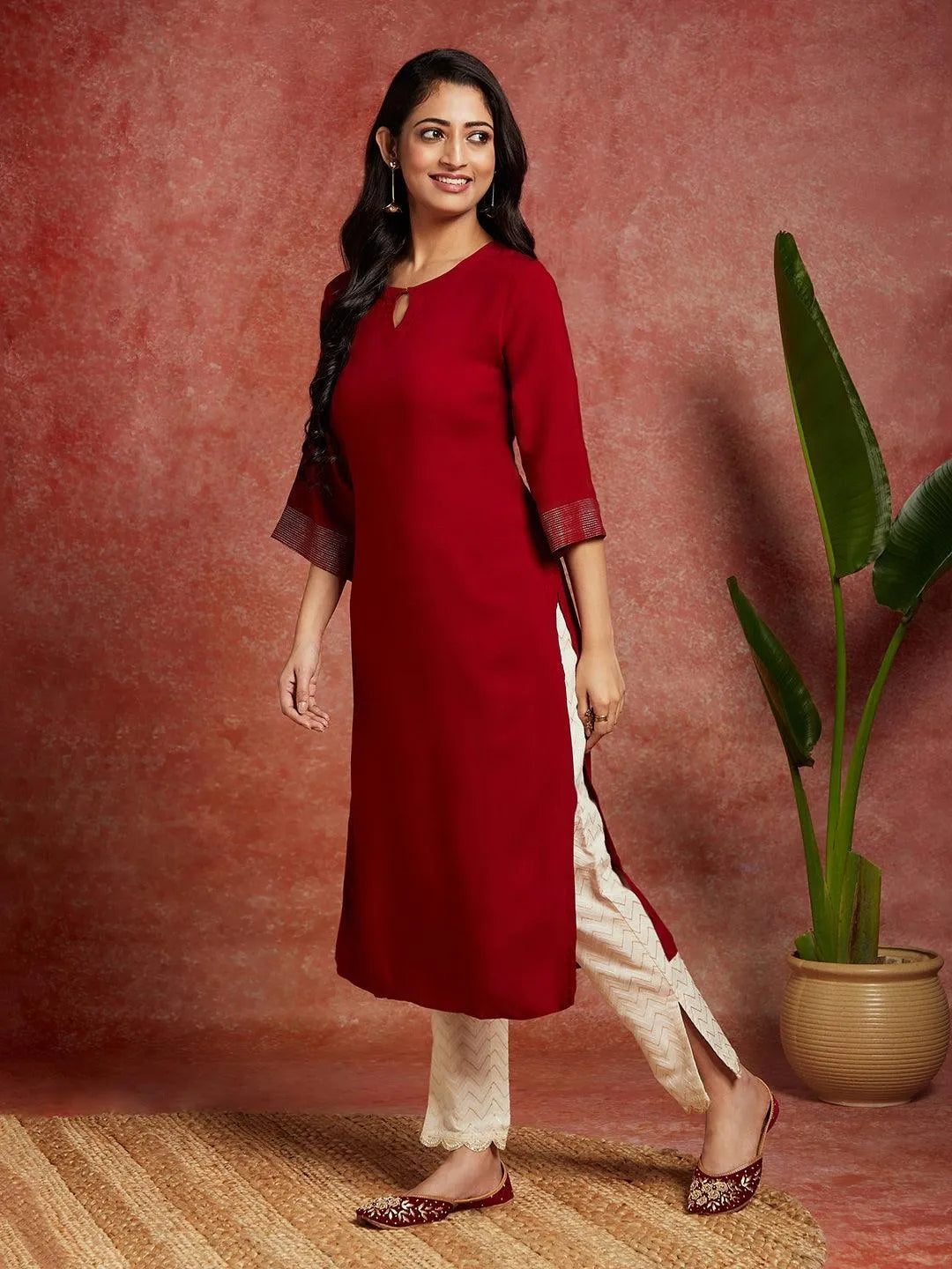 Maroon Solid Rayon Straight Kurta - Libas