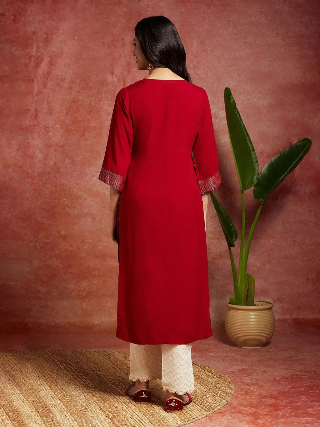 Maroon Solid Rayon Straight Kurta - Libas