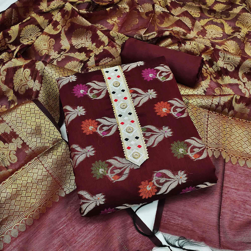 Maroon Woven Banarasi Dress Material
