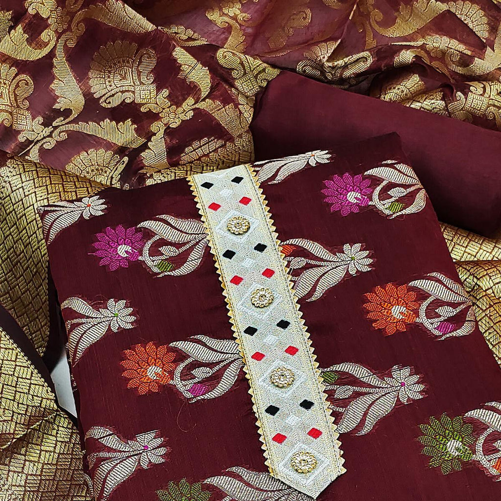 Maroon Woven Banarasi Dress Material