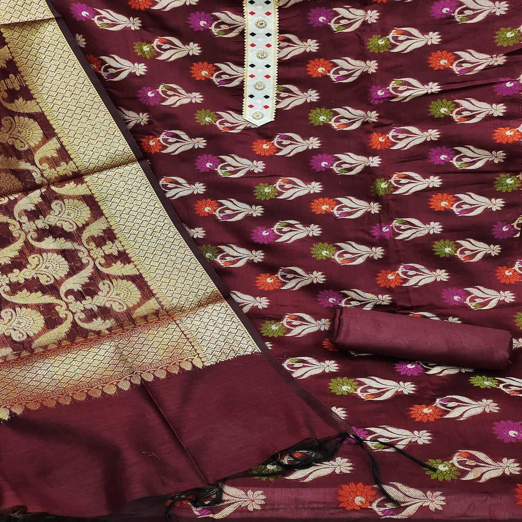 Maroon Woven Banarasi Dress Material