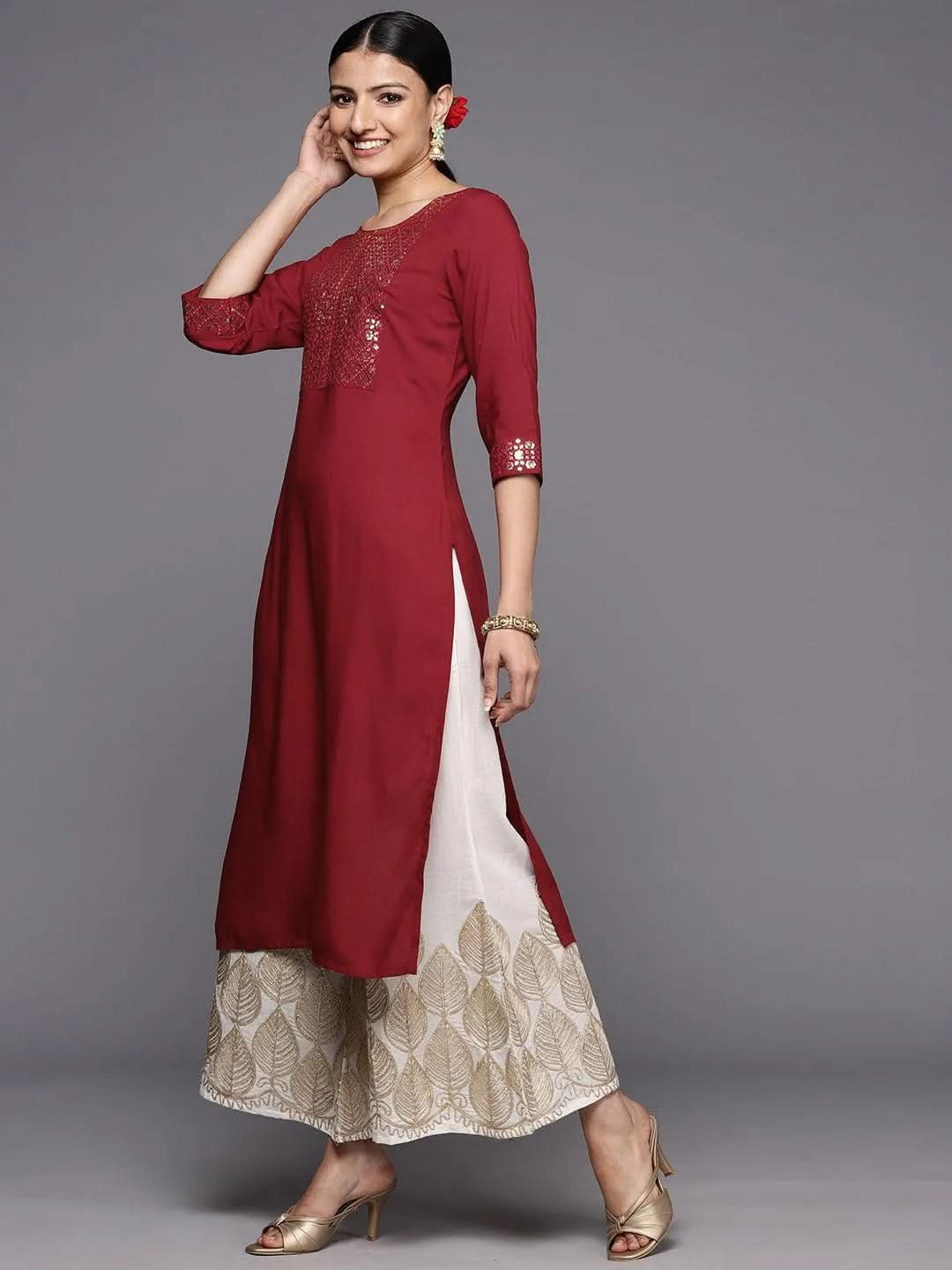 Maroon Printed Rayon Straight Kurta - Libas