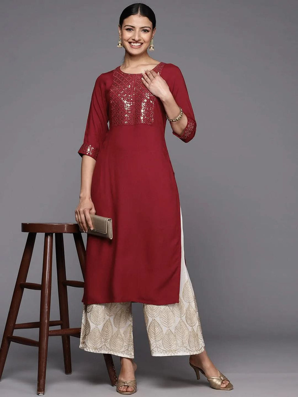 Maroon Printed Rayon Straight Kurta - Libas