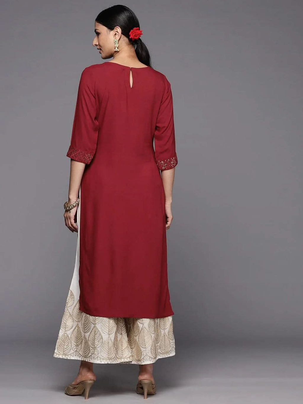 Maroon Printed Rayon Straight Kurta - Libas