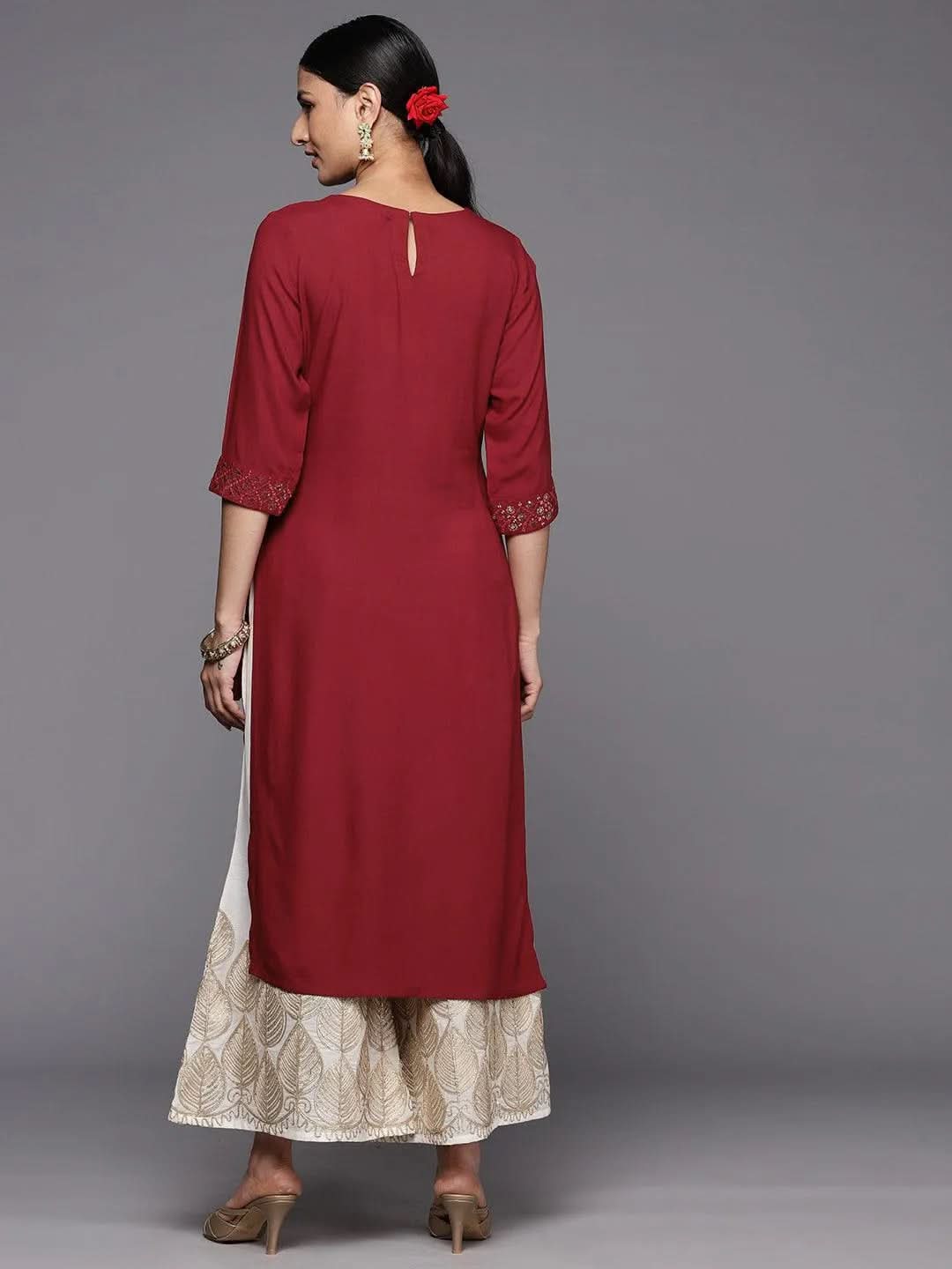 Maroon Printed Rayon Straight Kurta - Libas