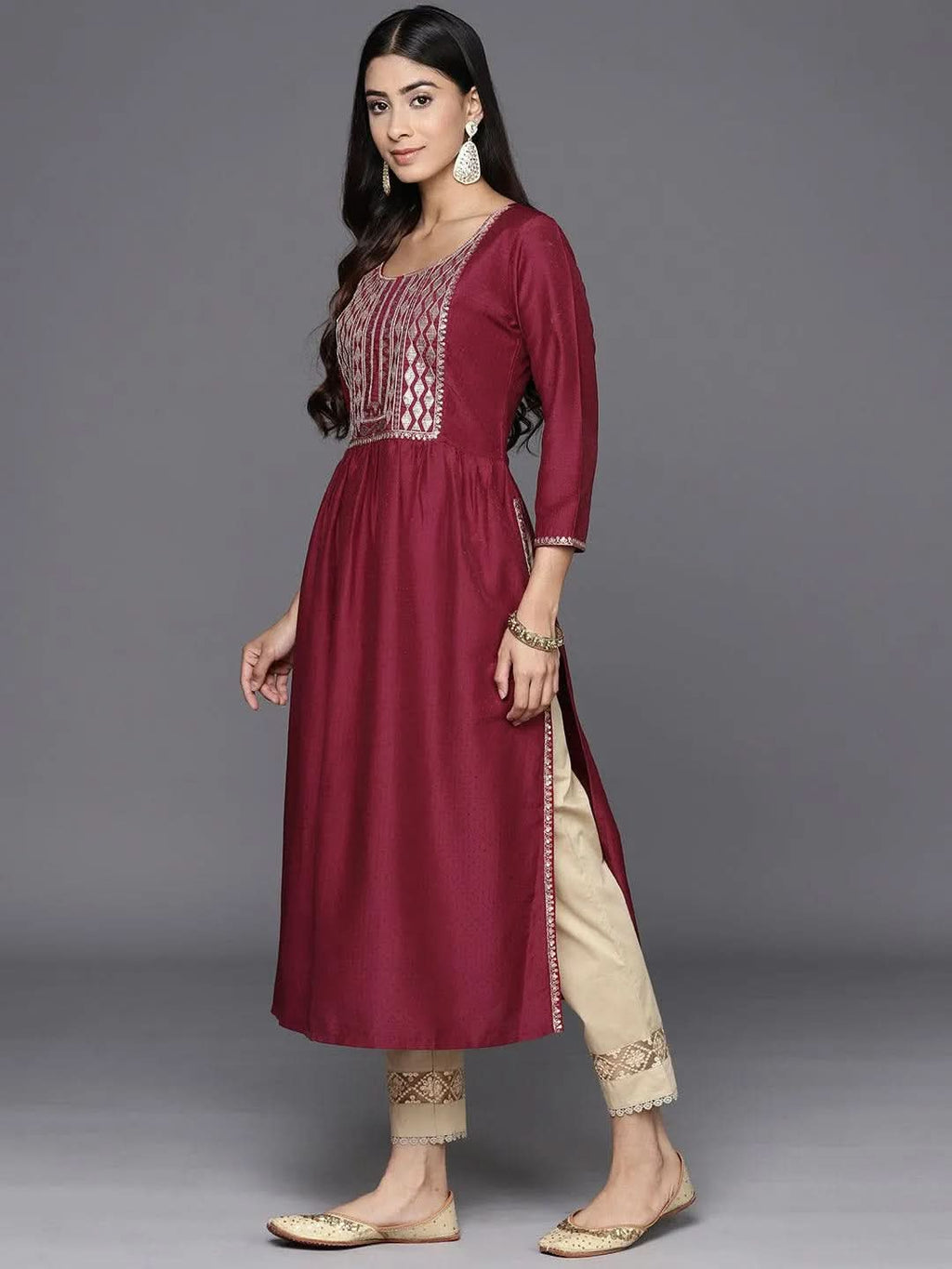 Maroon Yoke Design Silk A-Line Kurta