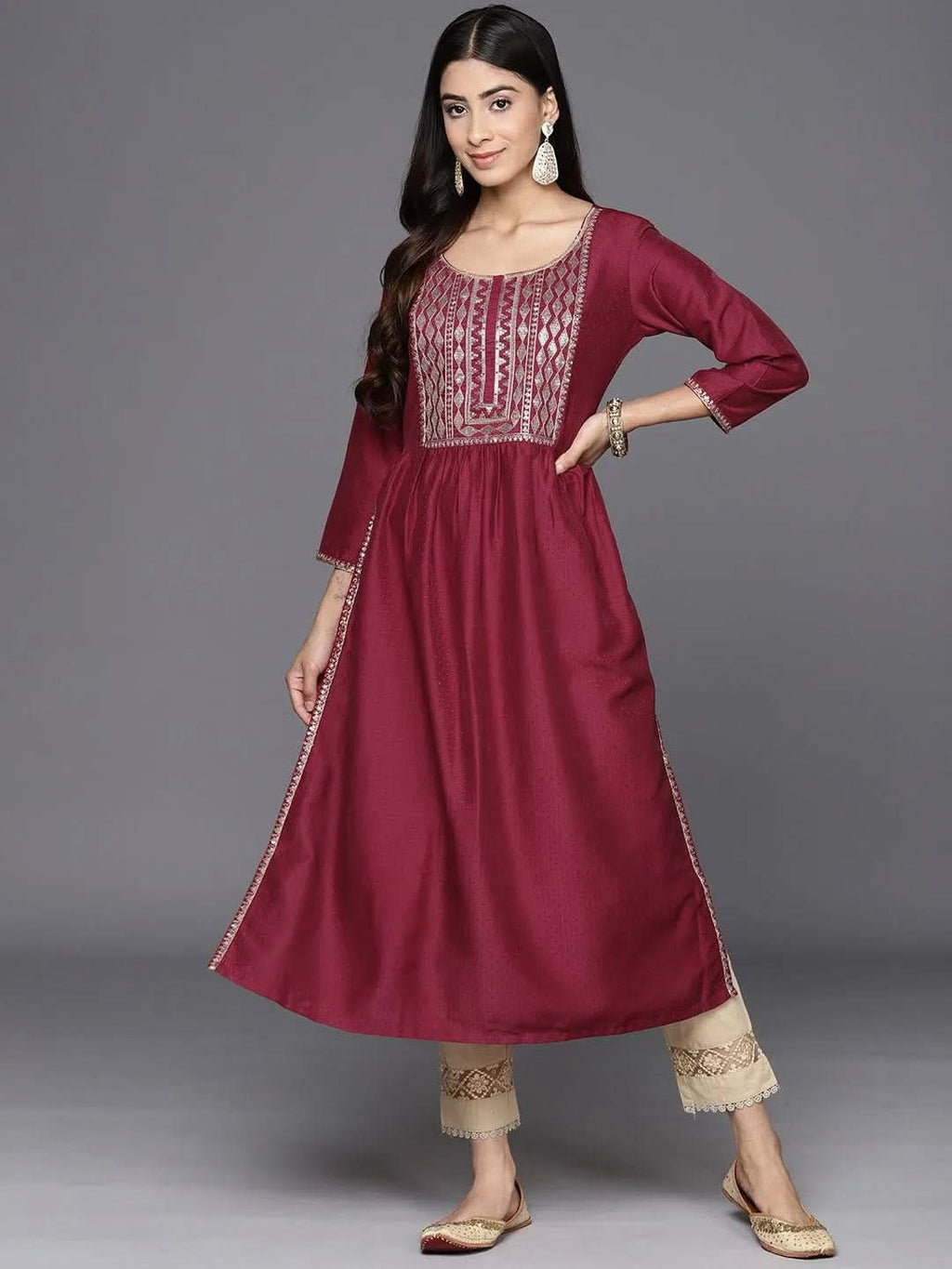 Maroon Yoke Design Silk A-Line Kurta