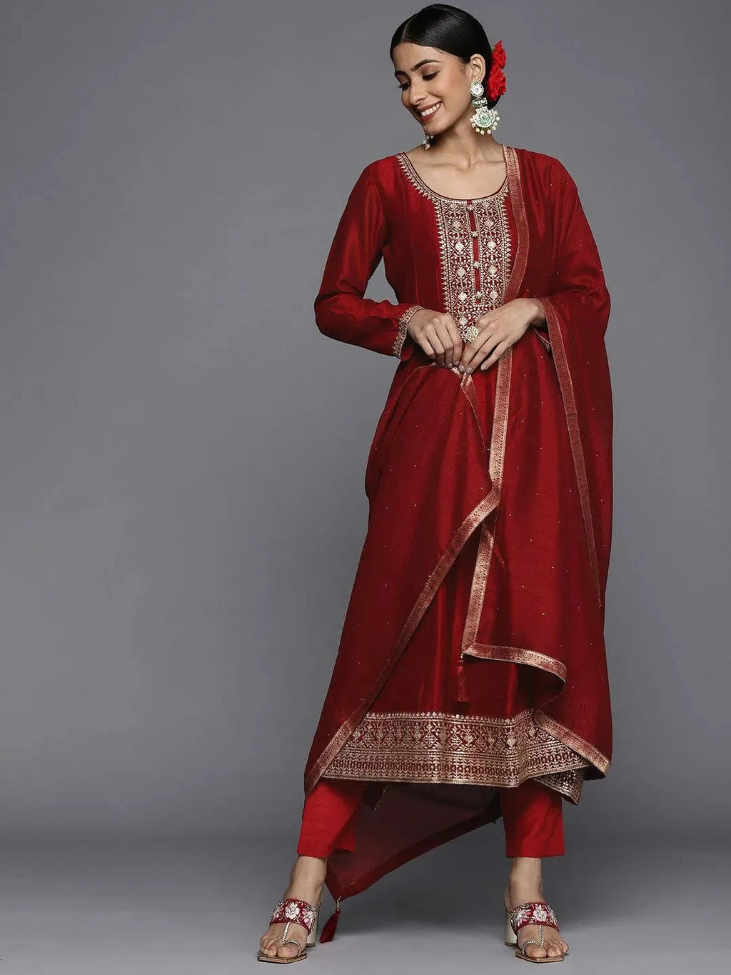 Maroon Yoke Design Silk Blend Anarkali Suit Set With Dupatta