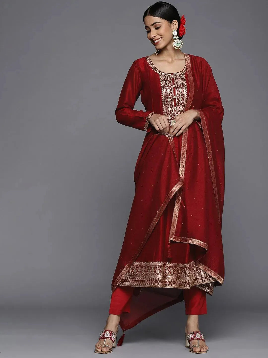 Maroon Yoke Design Silk Blend Anarkali Suit Set With Dupatta