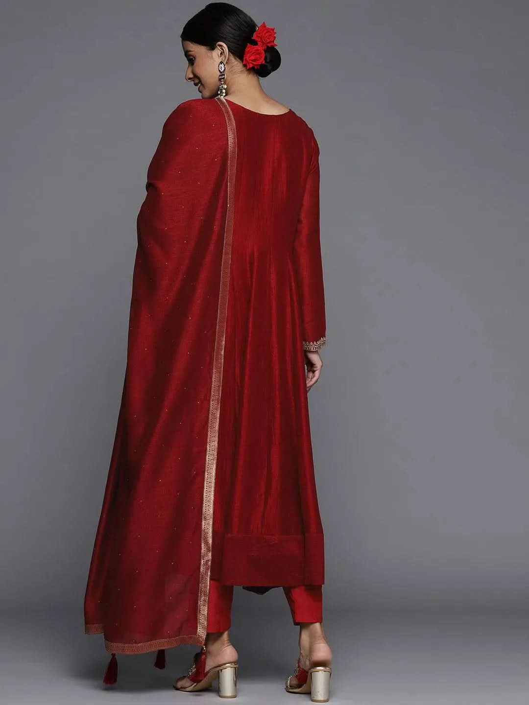 Maroon Yoke Design Silk Blend Anarkali Suit With Dupatta