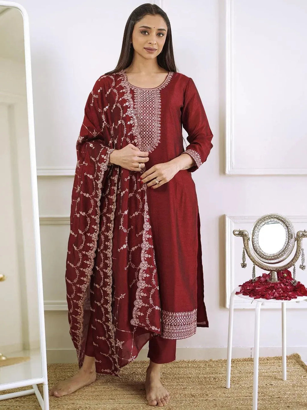 Maroon Yoke Design Silk Blend Straight Suit With Dupatta