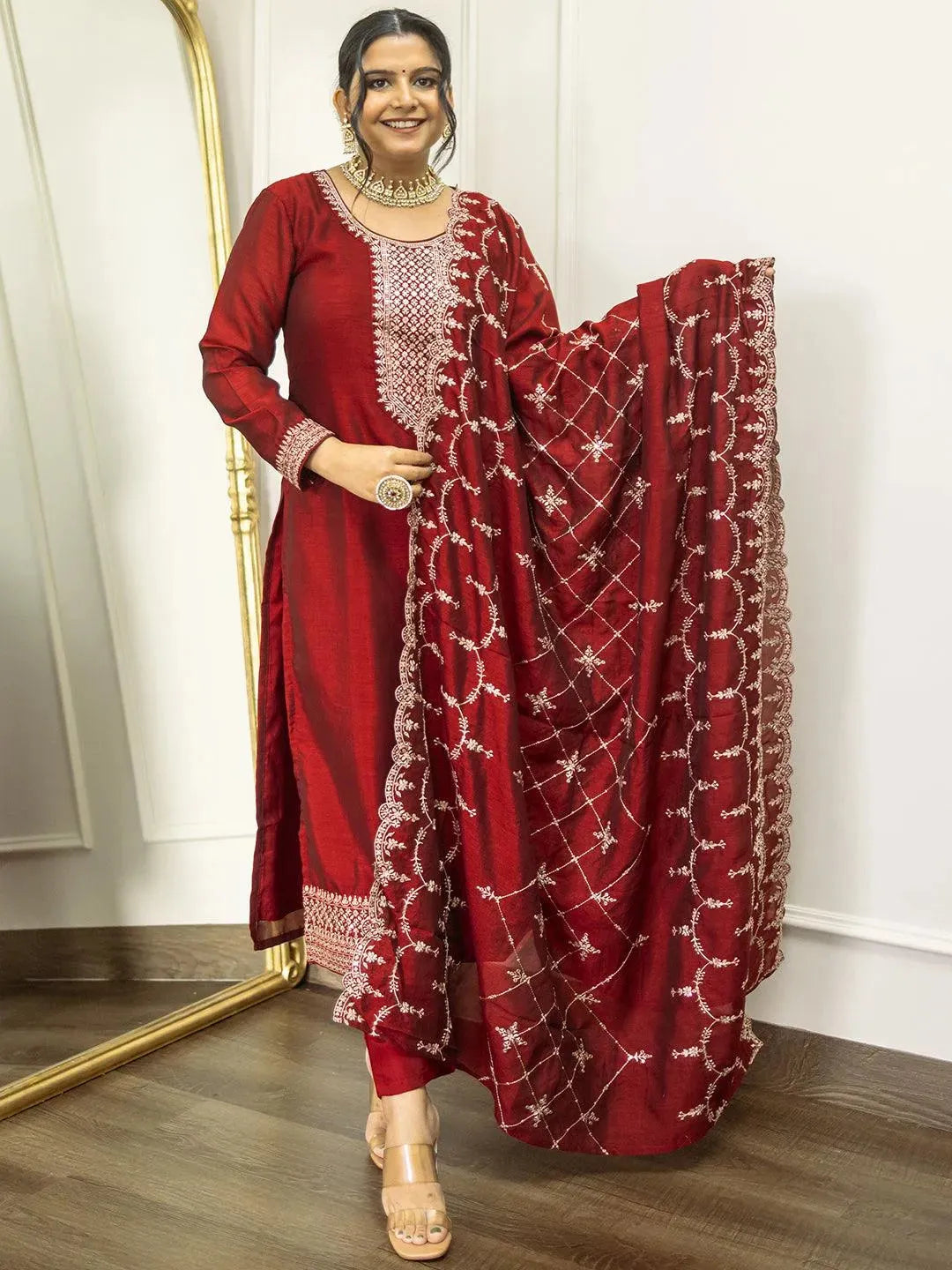 Maroon Yoke Design Silk Blend Straight Suit With Dupatta