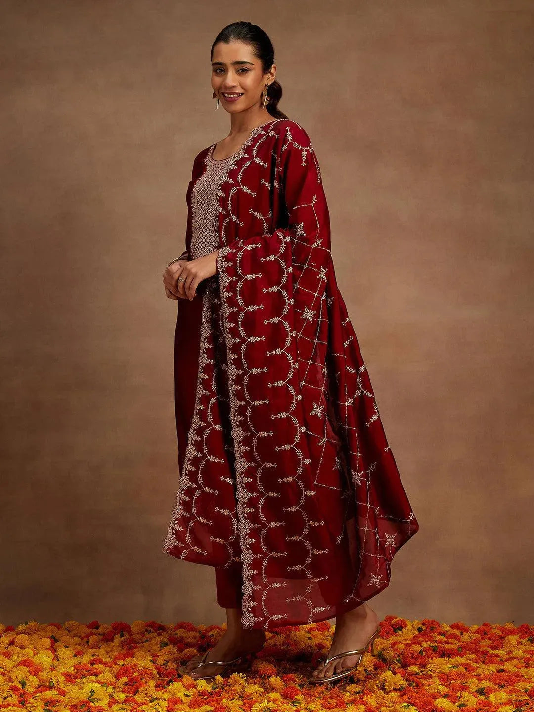 Maroon Yoke Design Silk Blend Straight Suit With Dupatta