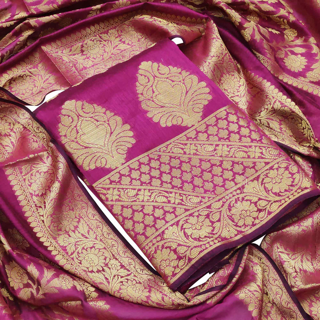 Marvellous Magenta Pink Colored Festive Wear Woven Banarasi Silk Dress Material