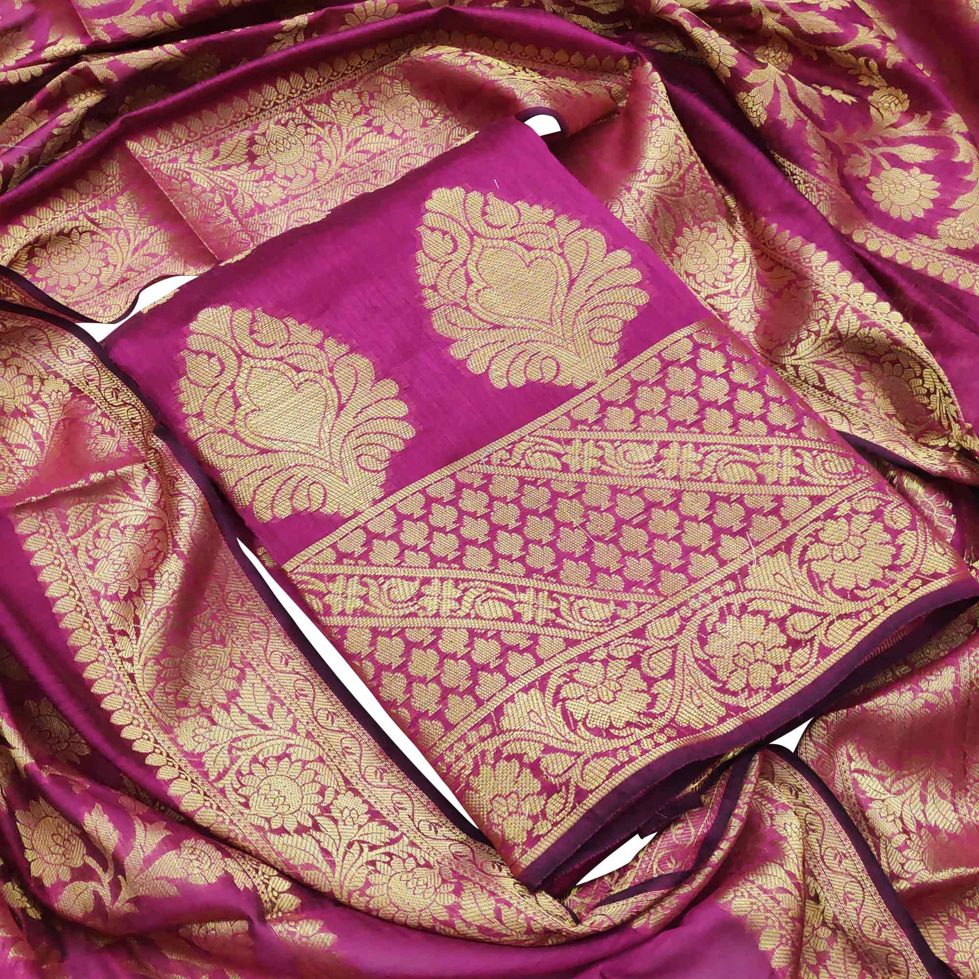 Marvellous Magenta Pink Colored Festive Wear Woven Banarasi Silk Dress Material