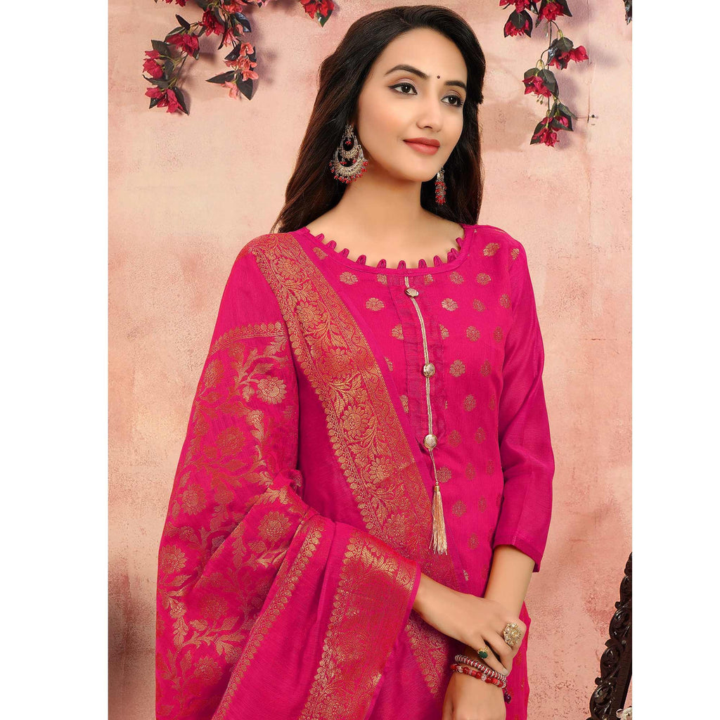 Marvellous Magenta Pink Colored Festive Wear Woven Banarasi Silk Dress Material
