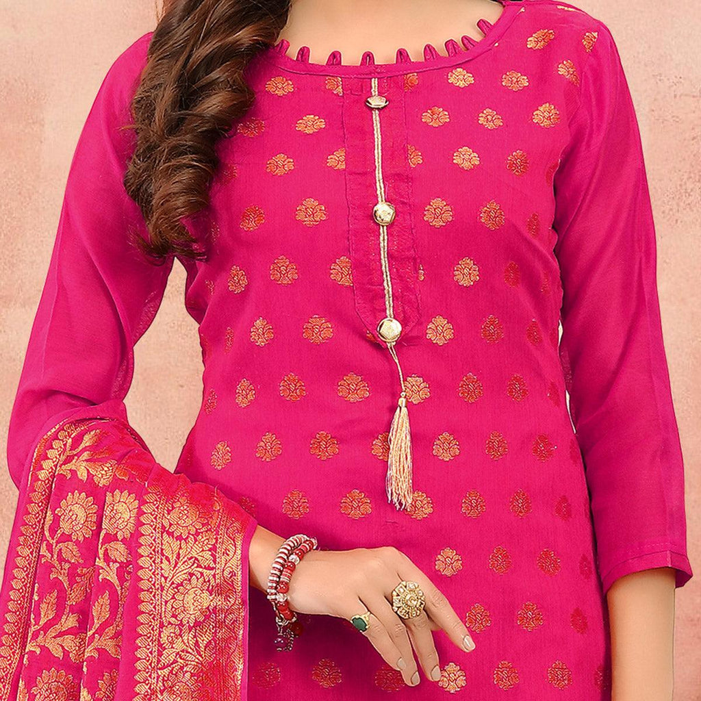 Marvellous Magenta Pink Colored Festive Wear Woven Banarasi Silk Dress Material