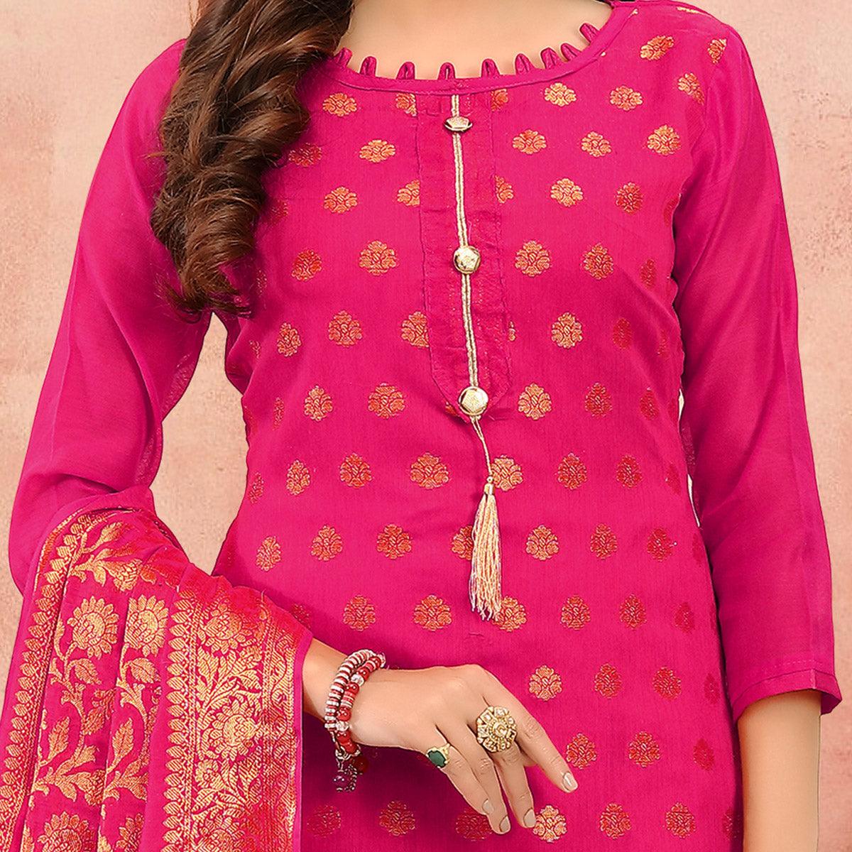 Marvellous Magenta Pink Colored Festive Wear Woven Banarasi Silk Dress Material
