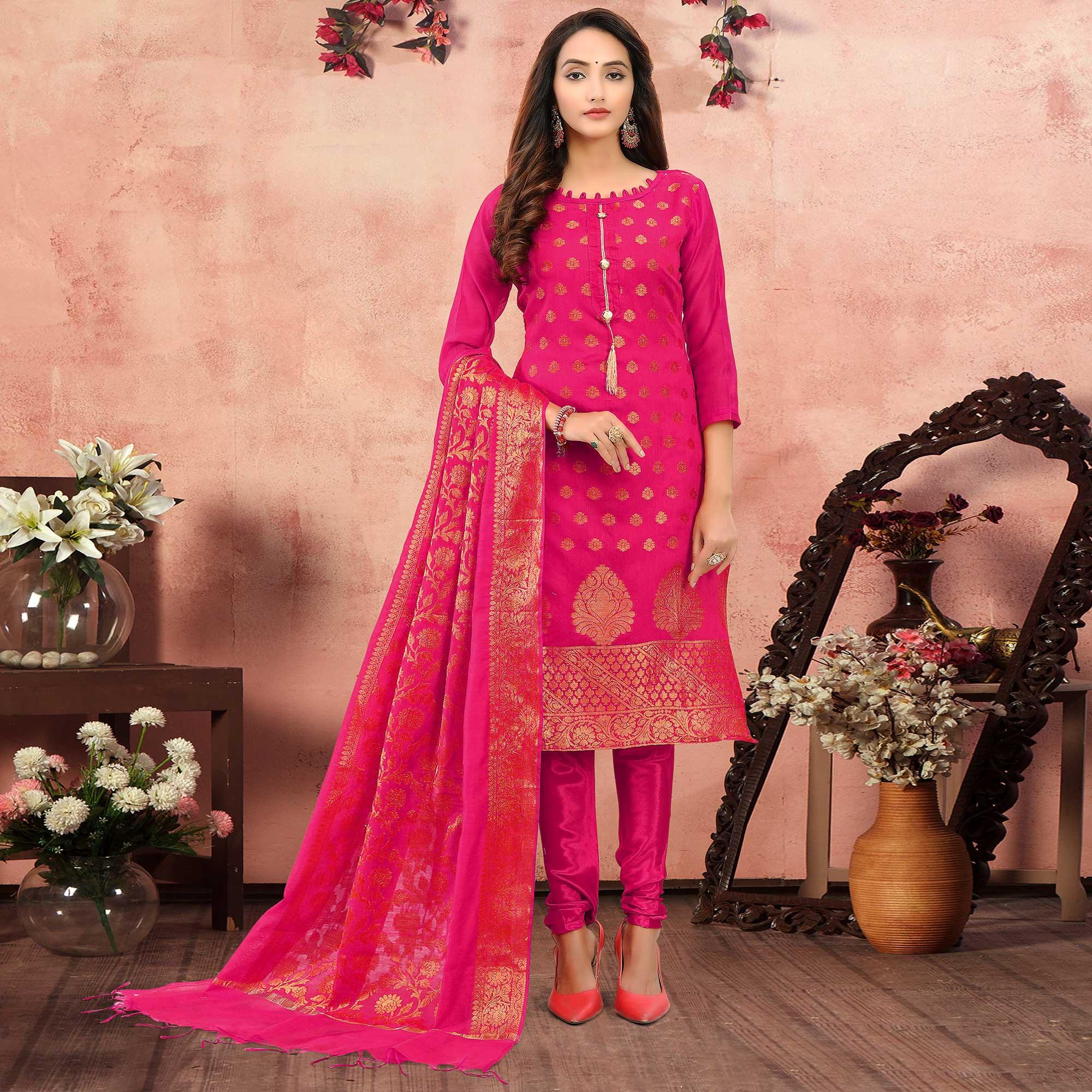 Marvellous Magenta Pink Colored Festive Wear Woven Banarasi Silk Dress Material