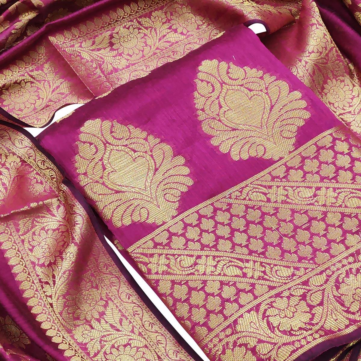 Marvellous Magenta Pink Colored Festive Wear Woven Banarasi Silk Dress Material