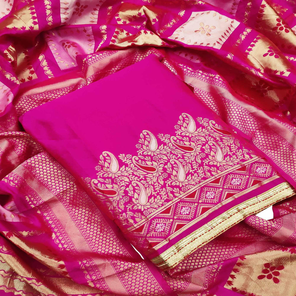 Mesmeric Dark Pink Colored Festive Wear Woven Heavy Banarasi Silk Dress Material